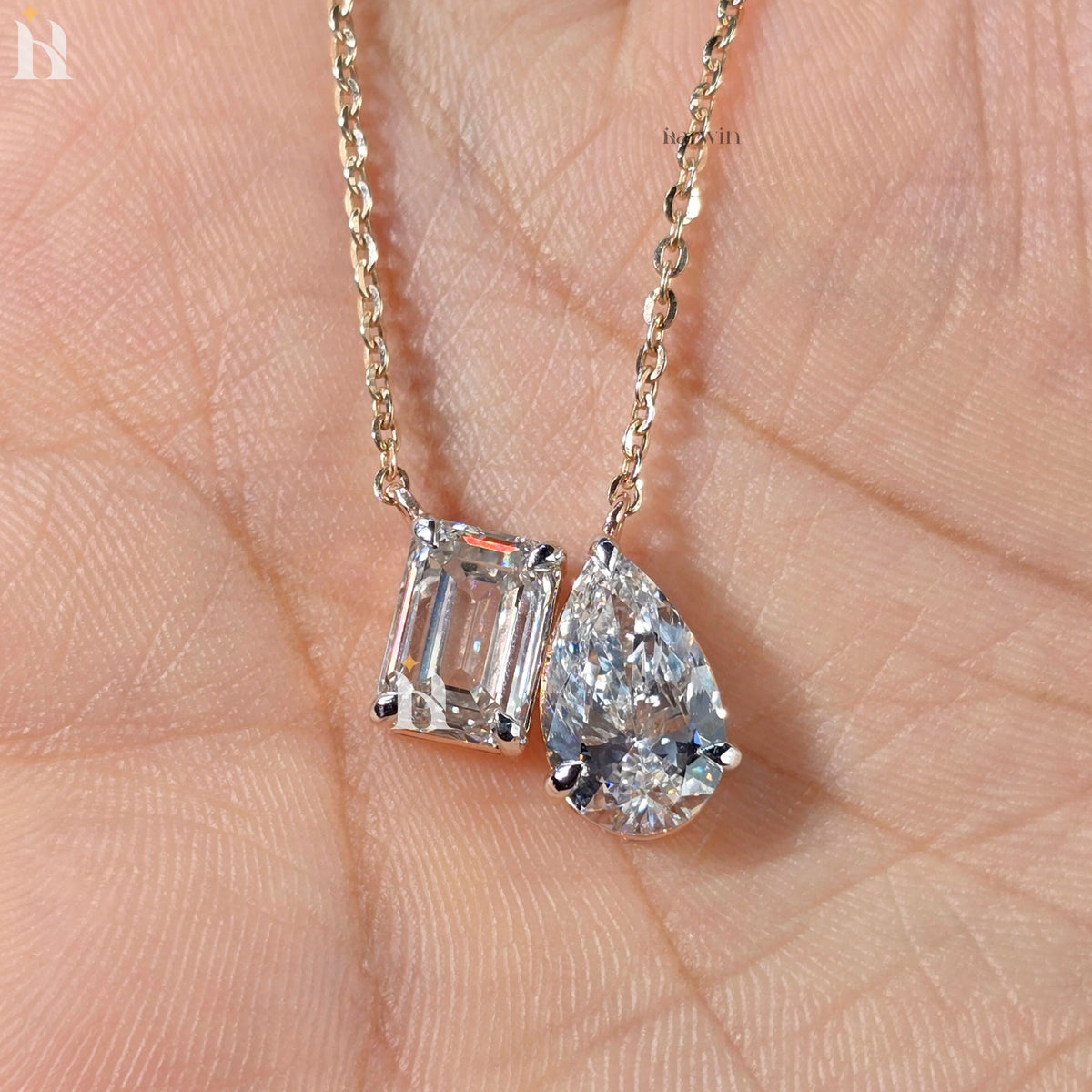Toi Et Moi Emerald And Pear Cut Moissanite Solid Rose Gold Prong Set Pendant