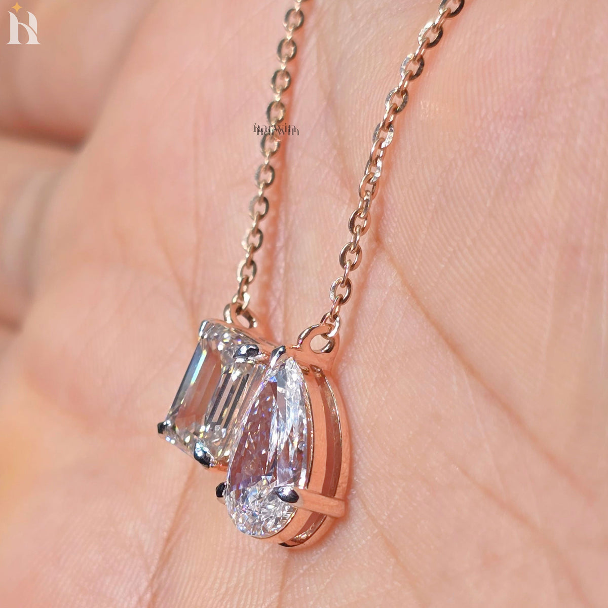 Toi Et Moi Emerald And Pear Cut Moissanite Solid Rose Gold Prong Set Pendant