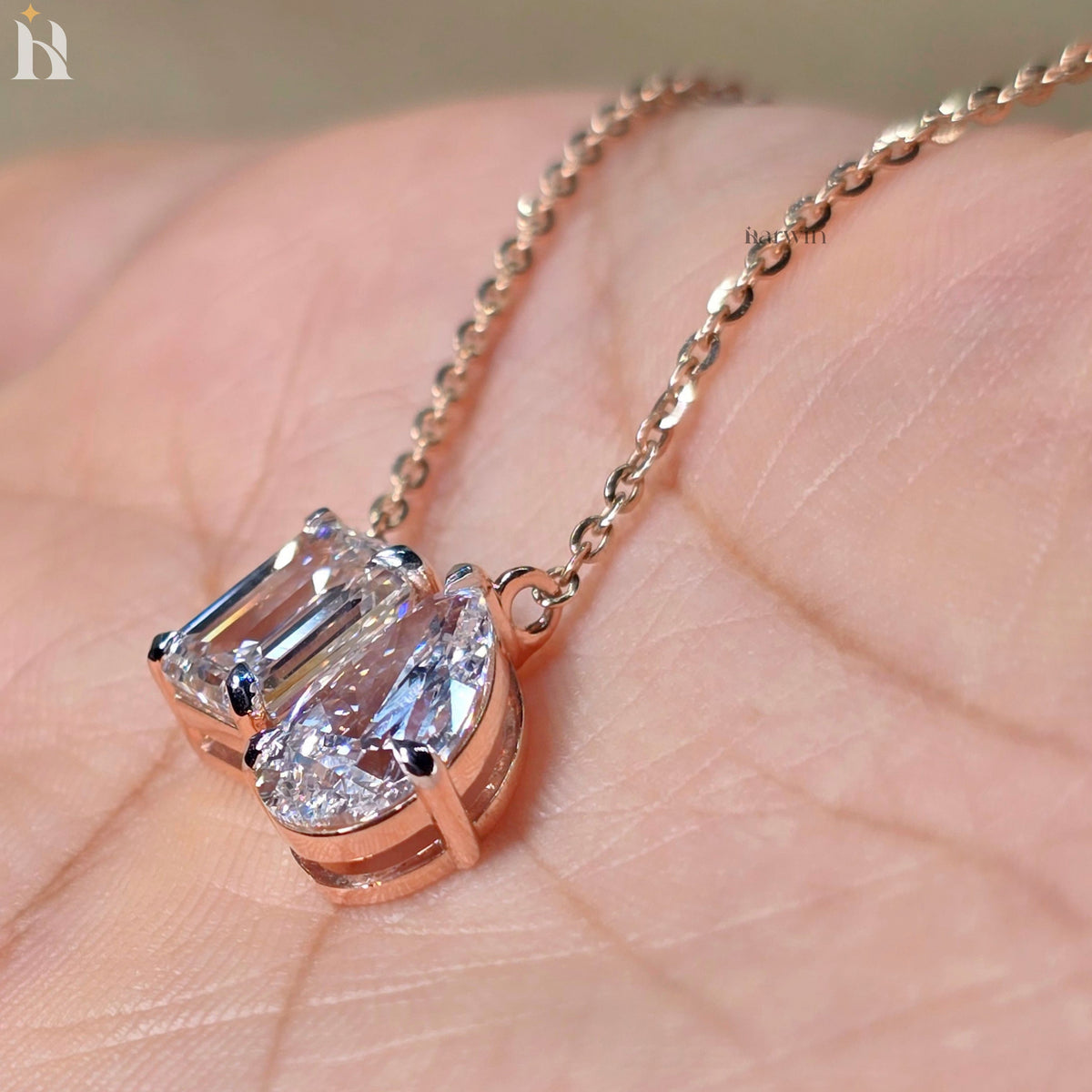 Toi Et Moi Emerald And Pear Cut Moissanite Solid Rose Gold Prong Set Pendant