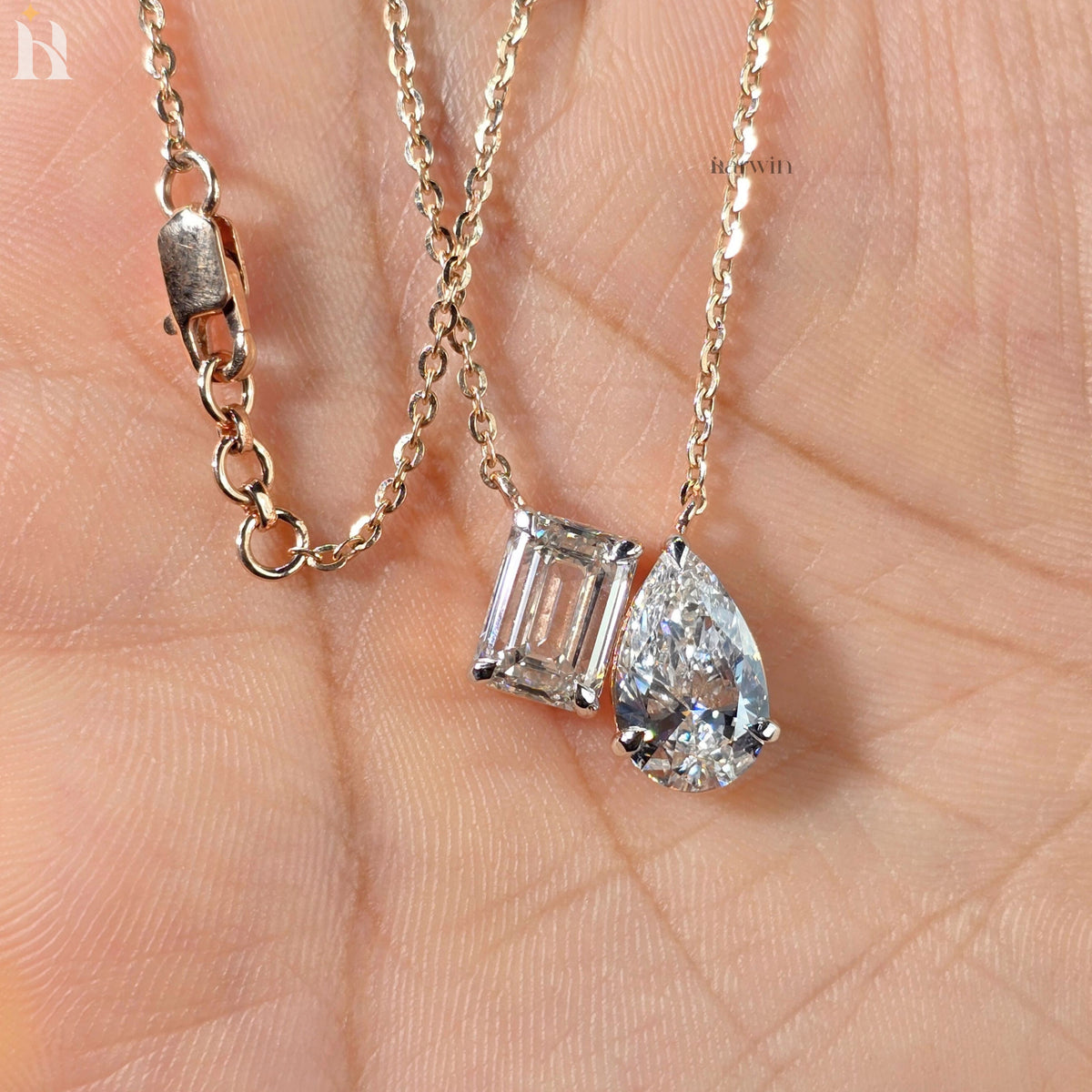 Toi Et Moi Emerald And Pear Cut Moissanite Solid Rose Gold Prong Set Pendant