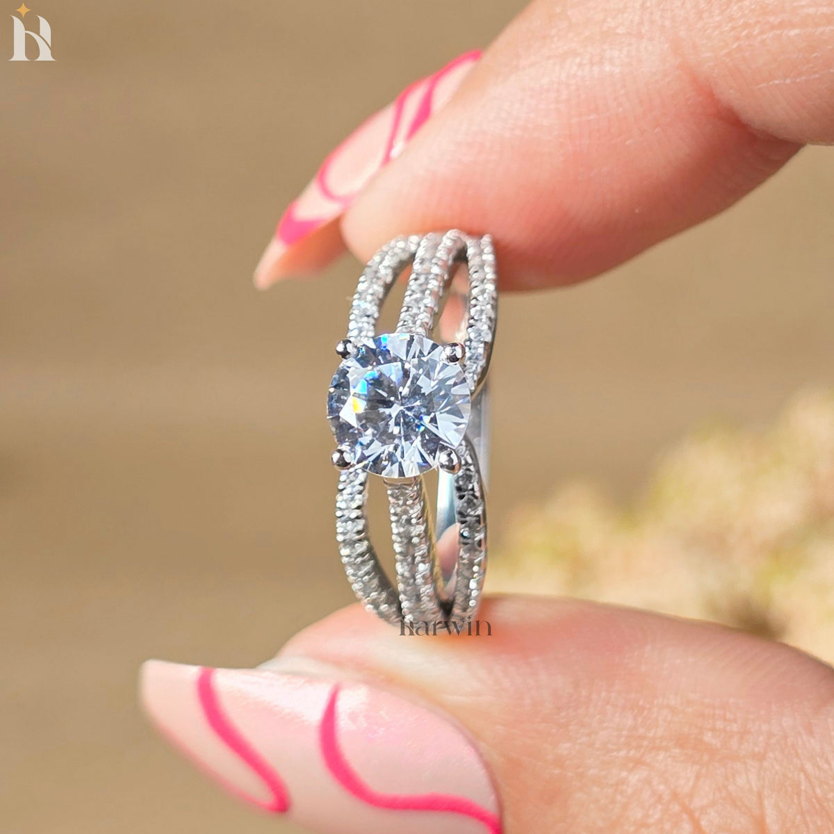 Round Cut Moissanite Engagement Ring, Split Shank Pave Diamond Ring, 14K White Gold Bridal Ring