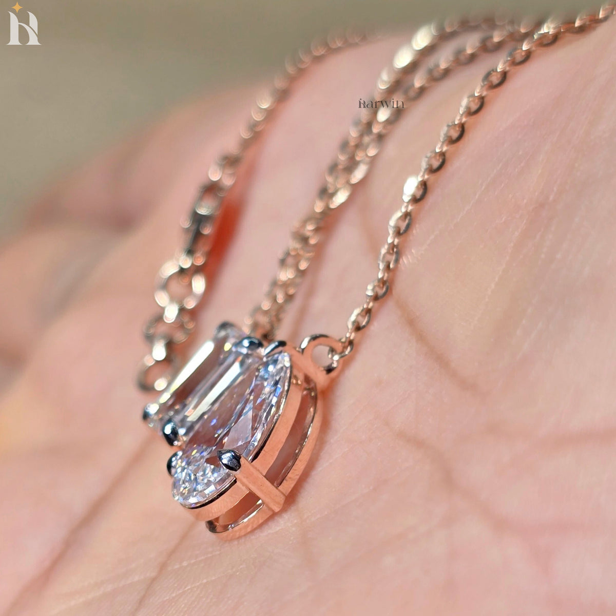 Toi Et Moi Emerald And Pear Cut Moissanite Solid Rose Gold Prong Set Pendant