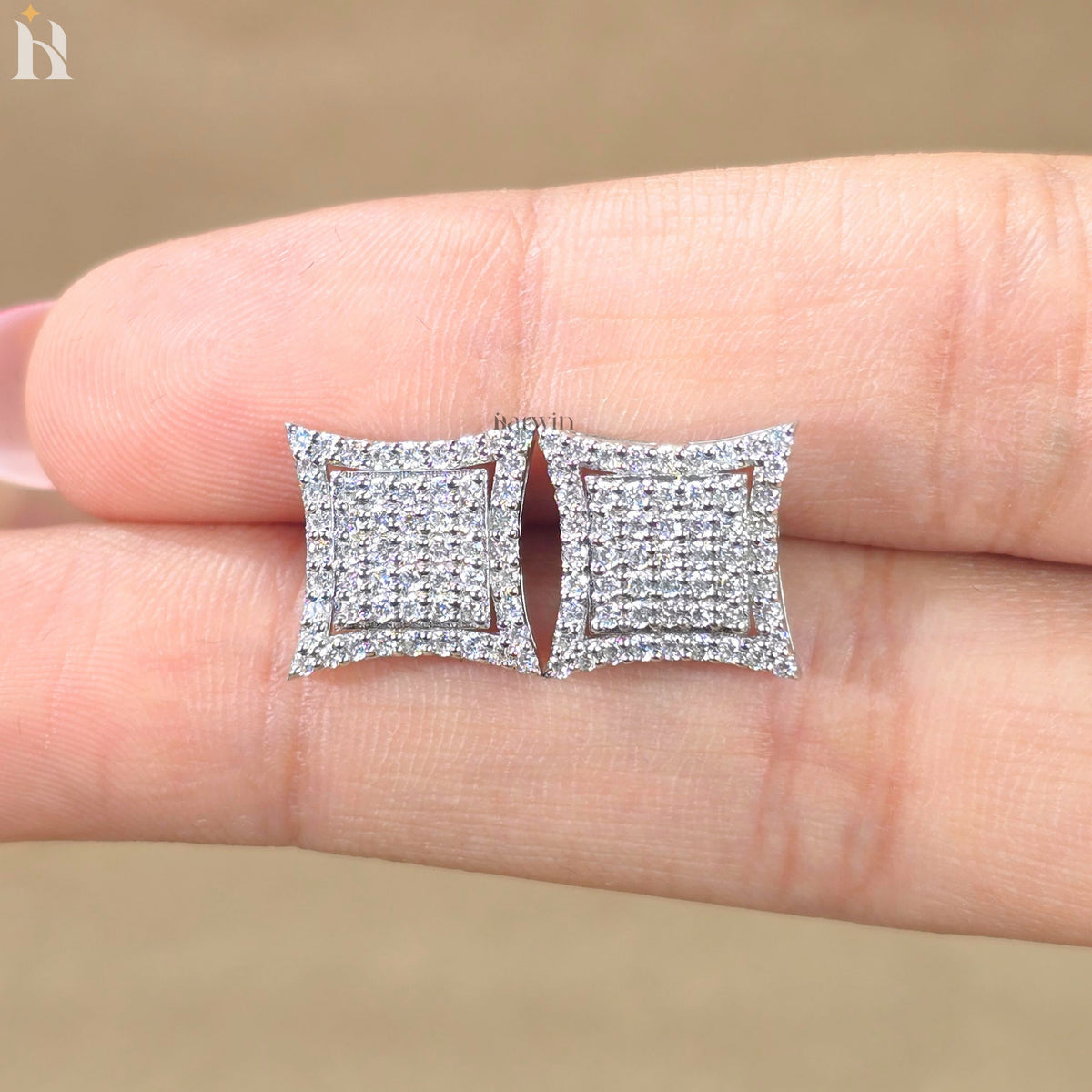 Square Pave Set Round Moissanite Diamond Halo Cluster Stud Earrings, White Gold Statement Earrings