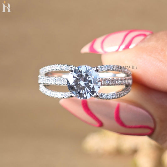 Round Cut Moissanite Engagement Ring, Split Shank Pave Diamond Ring, 14K White Gold Bridal Ring