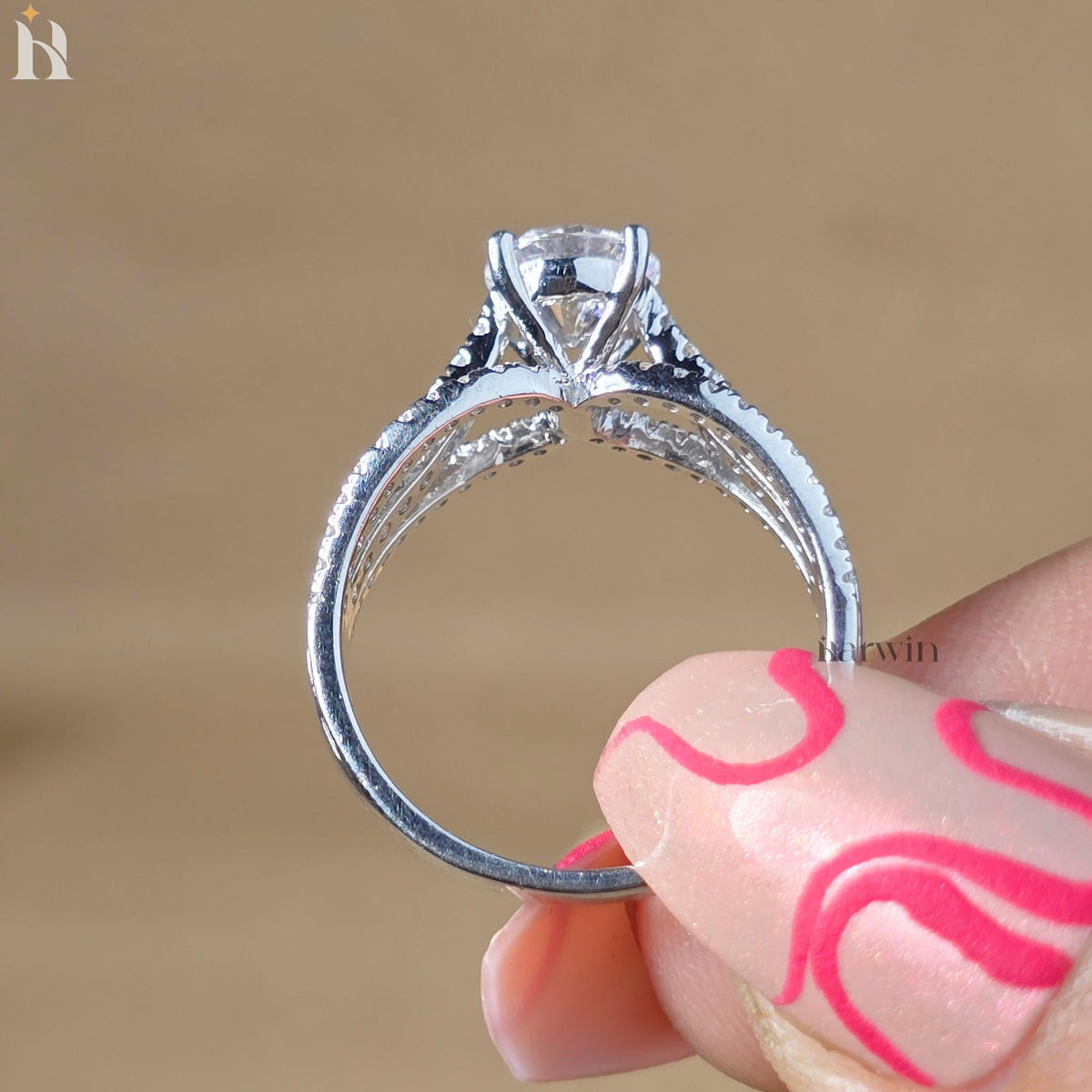 Round Cut Moissanite Engagement Ring, Split Shank Pave Diamond Ring, 14K White Gold Bridal Ring