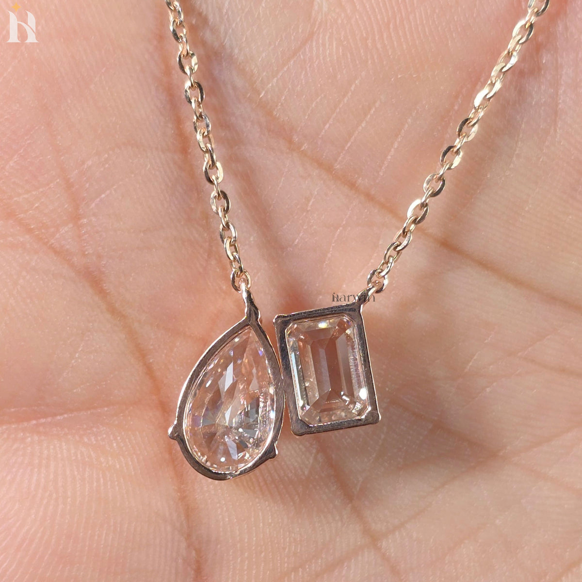 Toi Et Moi Emerald And Pear Cut Moissanite Solid Rose Gold Prong Set Pendant