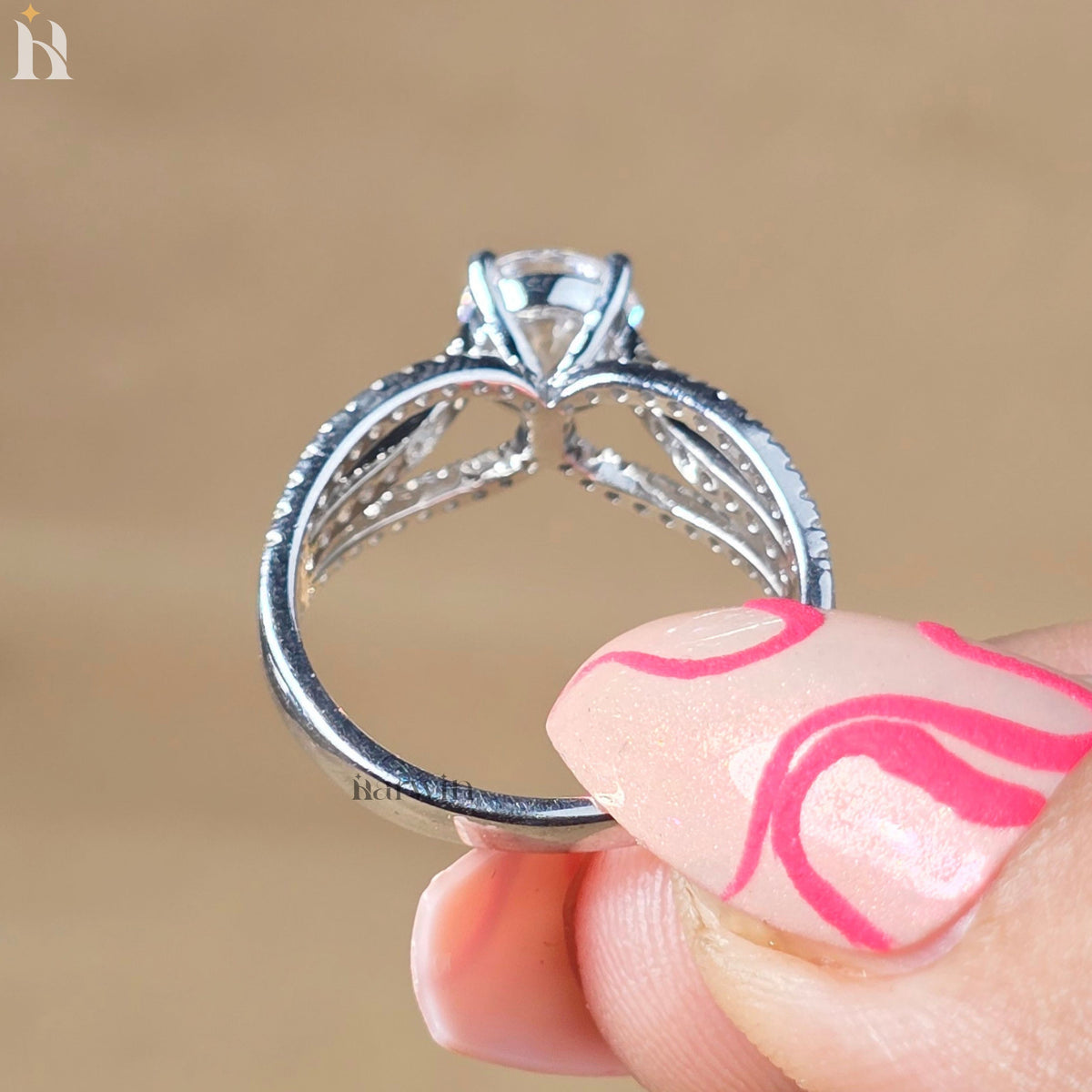 Round Cut Moissanite Engagement Ring, Split Shank Pave Diamond Ring, 14K White Gold Bridal Ring
