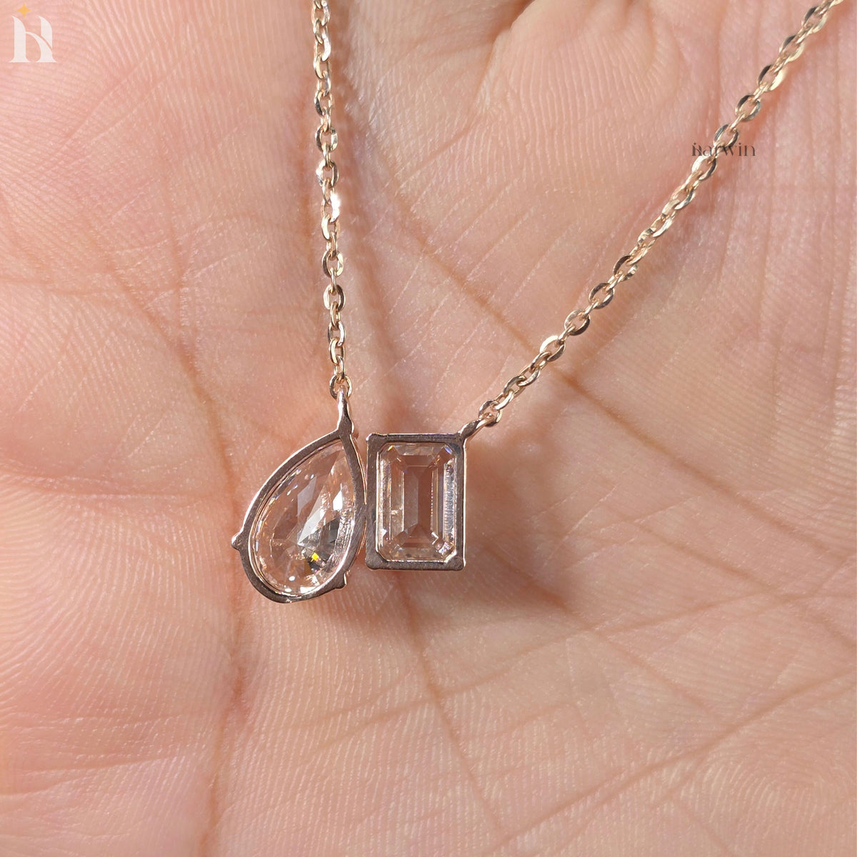 Toi Et Moi Emerald And Pear Cut Moissanite Solid Rose Gold Prong Set Pendant