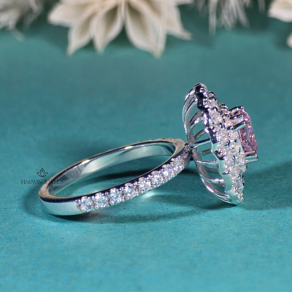 Pink Cushion 1CT Moissanite Wedding Ring Triple Halo 14K White Gold Half Pave Band