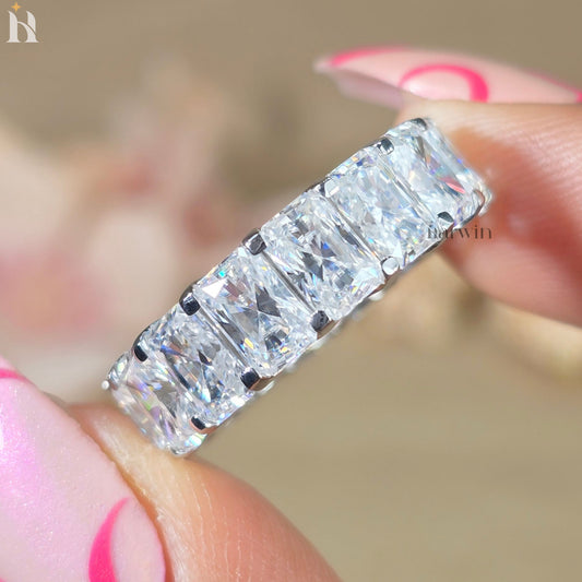 Radiant Cut Moissanite Full Eternity Wedding Band, Solid Silver Stackable Bridal Ring
