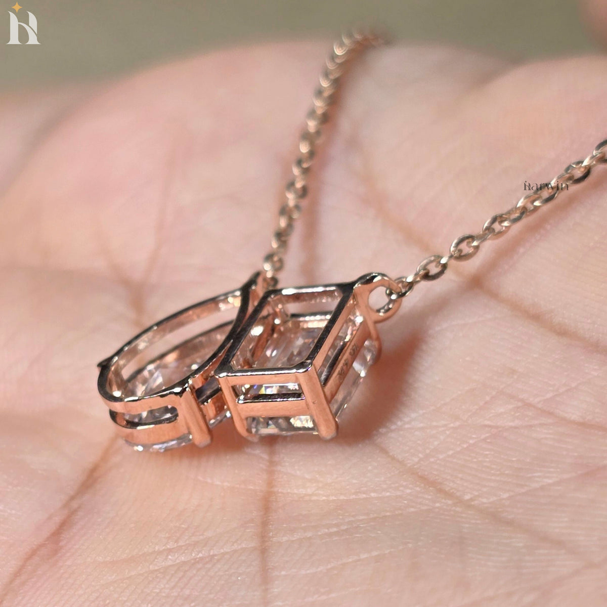 Toi Et Moi Emerald And Pear Cut Moissanite Solid Rose Gold Prong Set Pendant