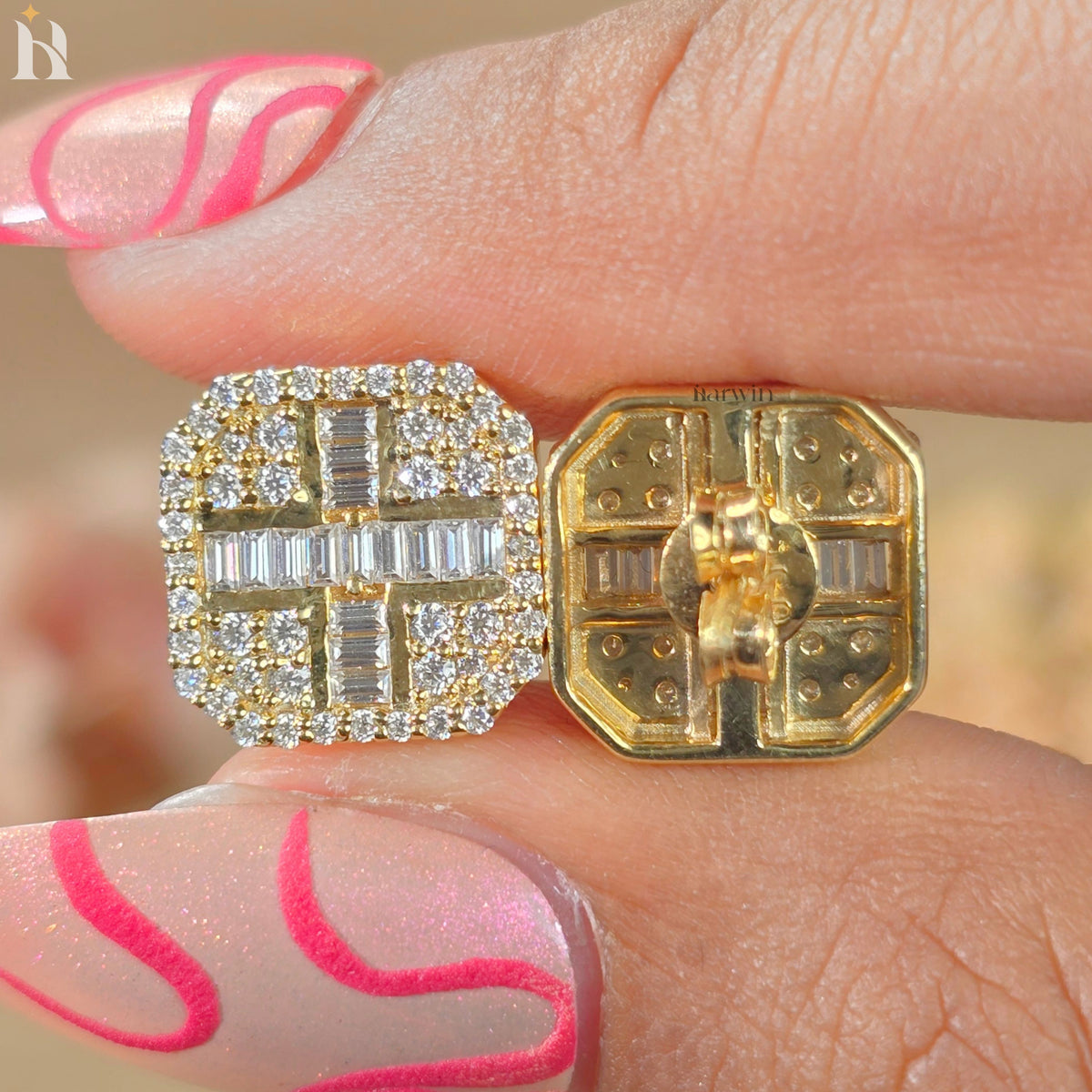 Baguette & Round Diamond Square Cluster Stud Earrings, Luxury Moissanite Pave Studs, Gold  Earrings