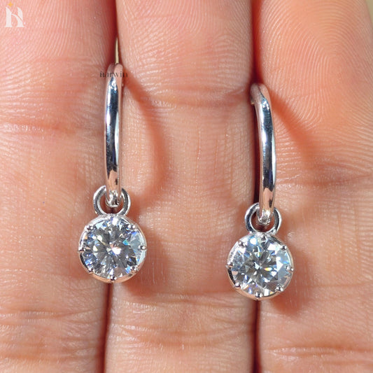 Round Cut Moissanite Drop Dangle Earrings, Solid Silver Solitaire Prong Set Earrings