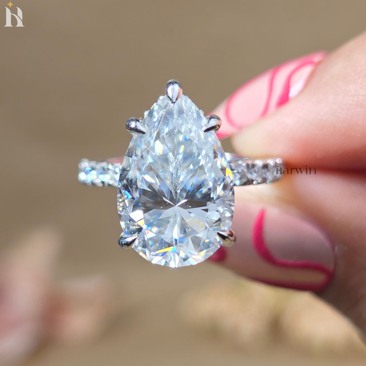 5.50 CT Pear Moissanite Engagement Ring, Pave Diamond Band, Teardrop Classic Prong Set Ring