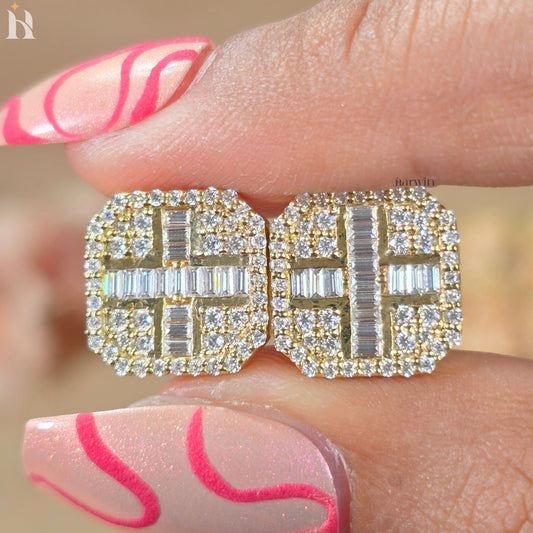 Baguette & Round Diamond Square Cluster Stud Earrings, Luxury Moissanite Pave Studs, Gold  Earrings