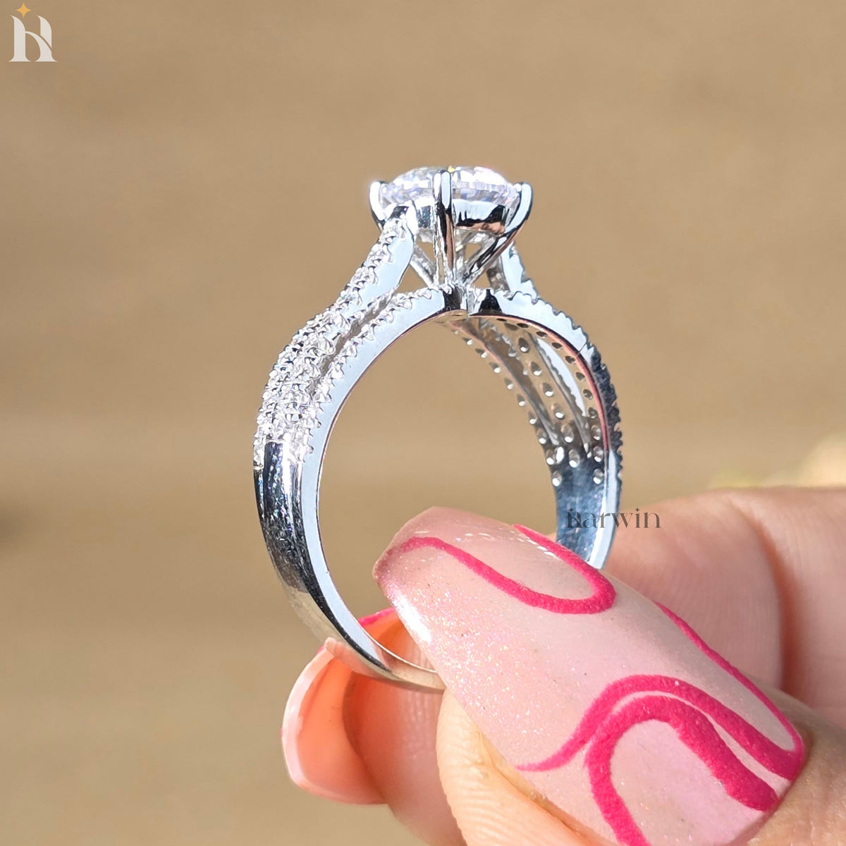 Round Cut Moissanite Engagement Ring, Split Shank Pave Diamond Ring, 14K White Gold Bridal Ring