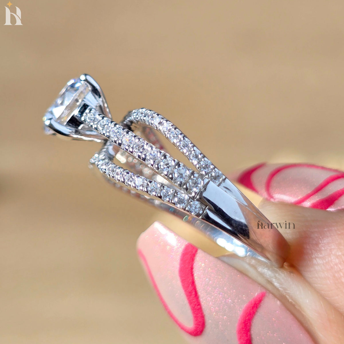 Round Cut Moissanite Engagement Ring, Split Shank Pave Diamond Ring, 14K White Gold Bridal Ring