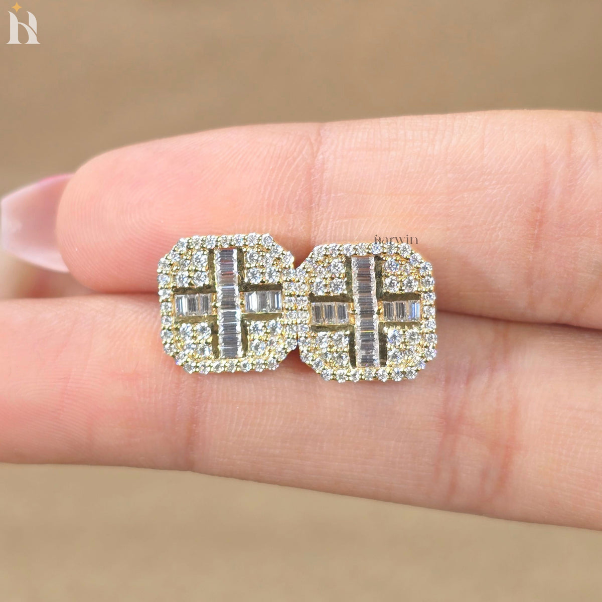 Baguette & Round Diamond Square Cluster Stud Earrings, Luxury Moissanite Pave Studs, Gold  Earrings
