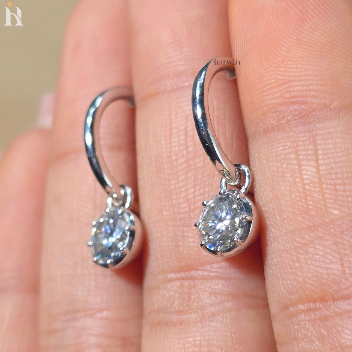 Round Cut Moissanite Drop Dangle Earrings, Solid Silver Solitaire Prong Set Earrings