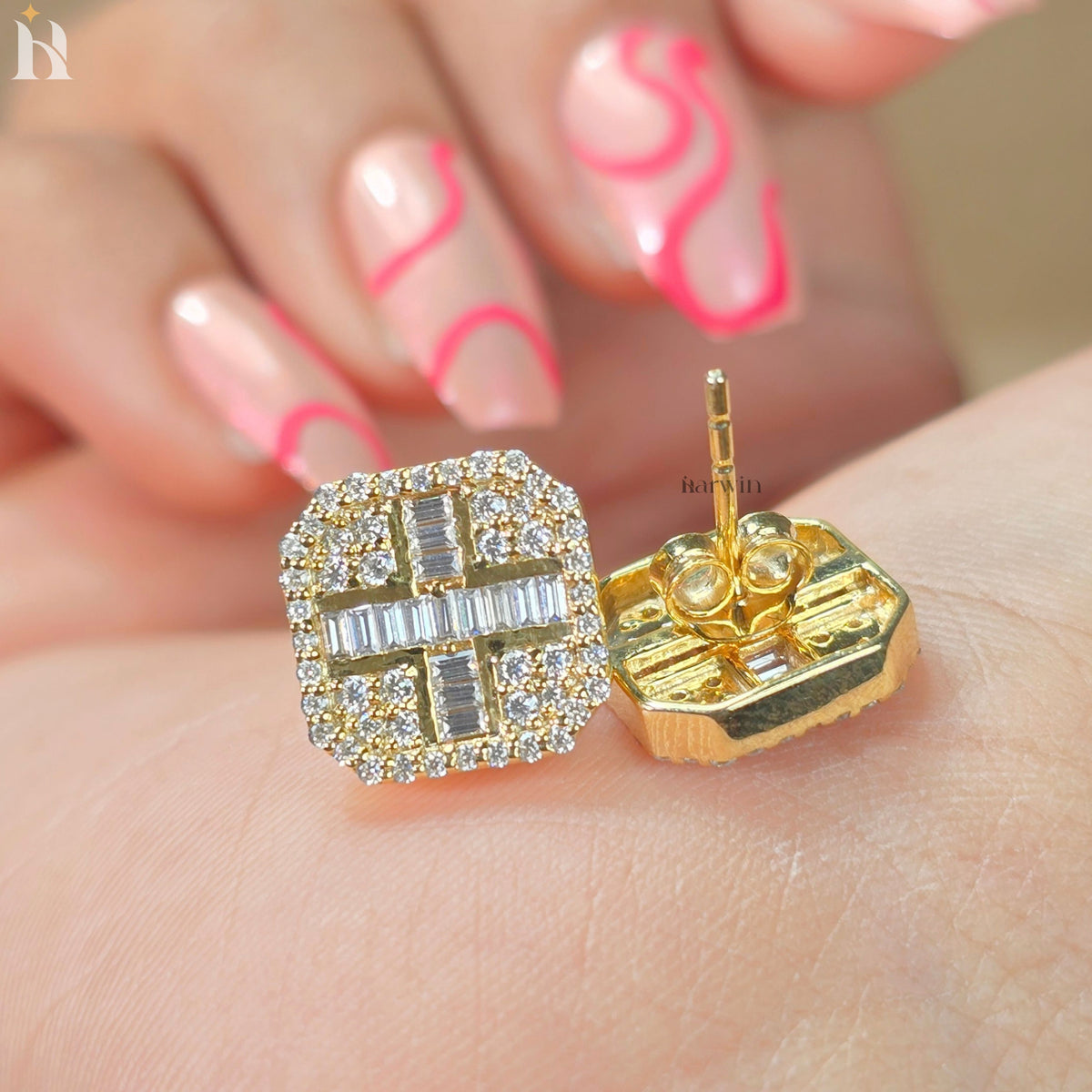 Baguette & Round Diamond Square Cluster Stud Earrings, Luxury Moissanite Pave Studs, Gold  Earrings