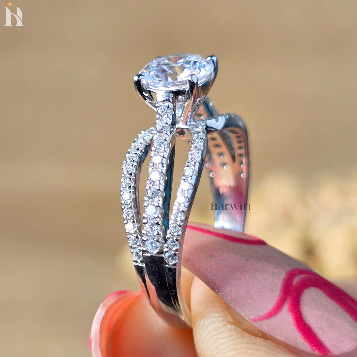Round Cut Moissanite Engagement Ring, Split Shank Pave Diamond Ring, 14K White Gold Bridal Ring