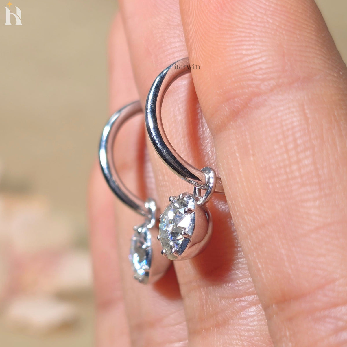 Round Cut Moissanite Drop Dangle Earrings, Solid Silver Solitaire Prong Set Earrings