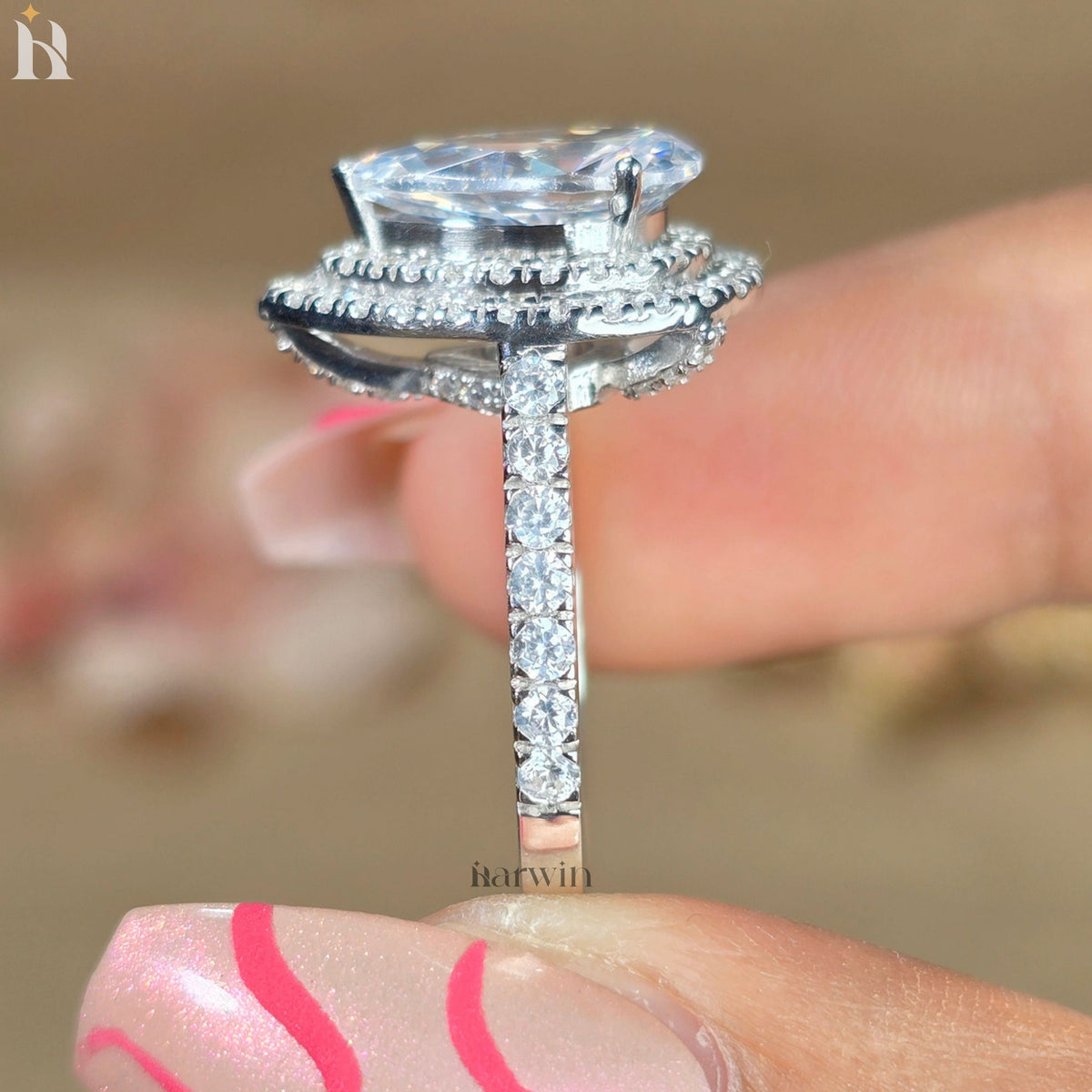 3.00CT Pear Cut Moissanite Engagement Ring Double Halo Wedding Ring, Pave Prong Setting
