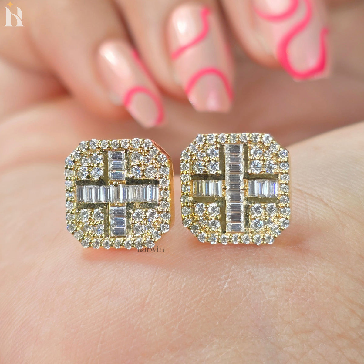 Baguette & Round Diamond Square Cluster Stud Earrings, Luxury Moissanite Pave Studs, Gold  Earrings