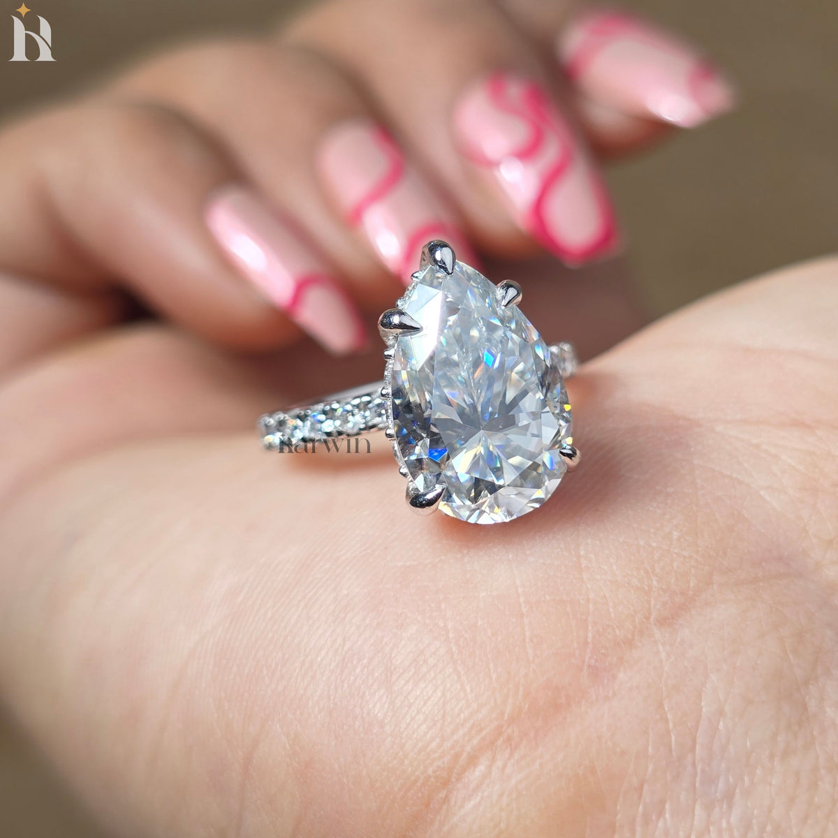 5.50 CT Pear Moissanite Engagement Ring, Pave Diamond Band, Teardrop Classic Prong Set Ring