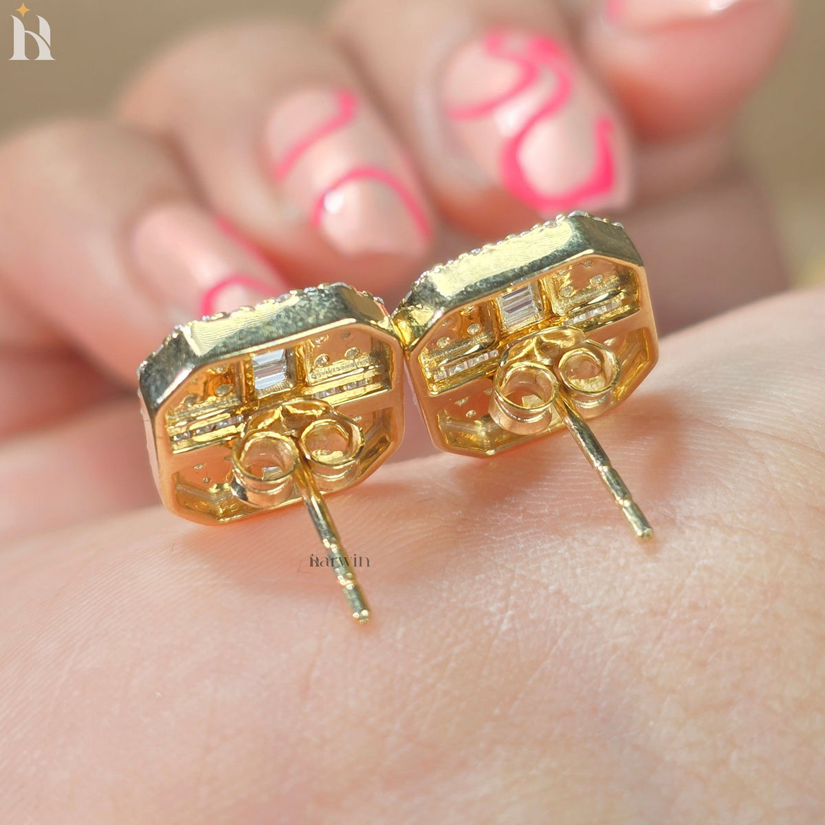 Baguette & Round Diamond Square Cluster Stud Earrings, Luxury Moissanite Pave Studs, Gold  Earrings