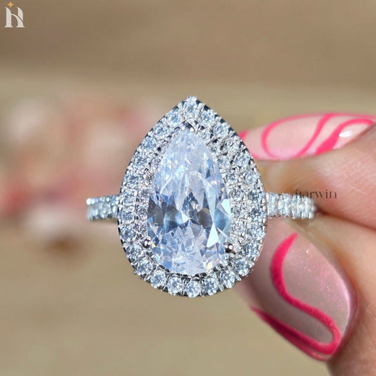 3.00CT Pear Cut Moissanite Engagement Ring Double Halo Wedding Ring, Pave Prong Setting