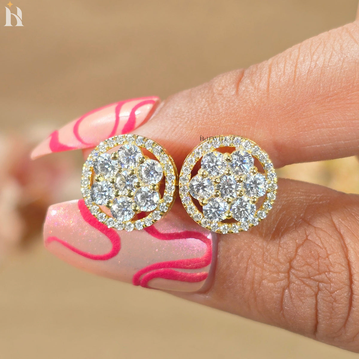 Round Cut Diamond Halo Cluster Moissanite Stud Earrings, D E F Color, Bridal Jewelry, Gift for Her, Elegant Wedding Party Accessories