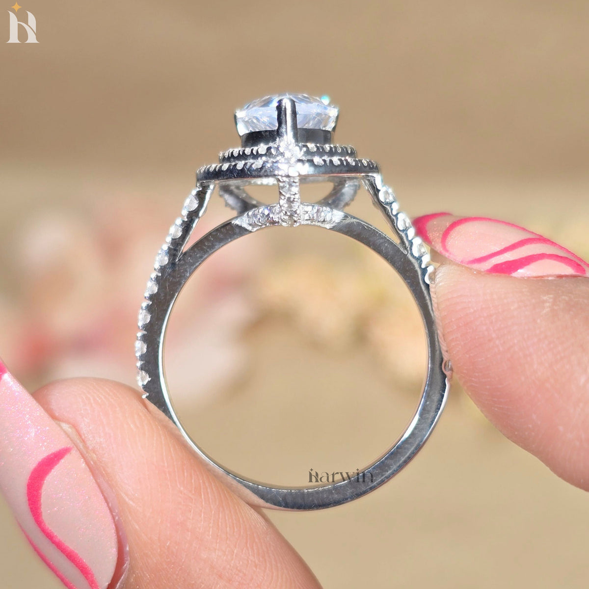 Halo Pear Cut Moissanite Engagement Ring, Eternity Band, Anniversary Gift
