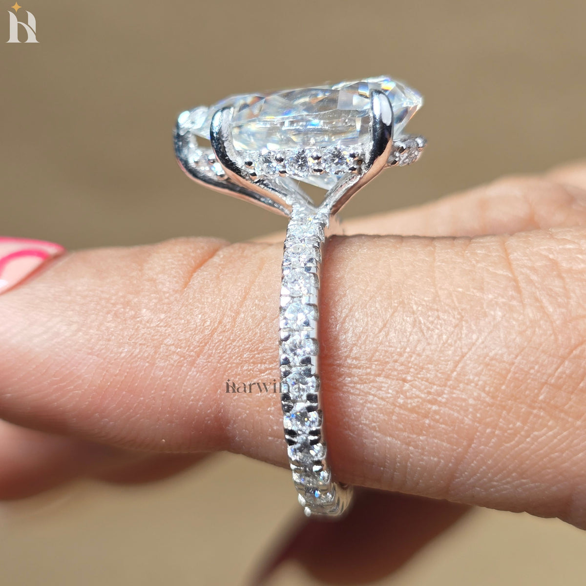 5.50 CT Pear Moissanite Engagement Ring, Pave Diamond Band, Teardrop Classic Prong Set Ring