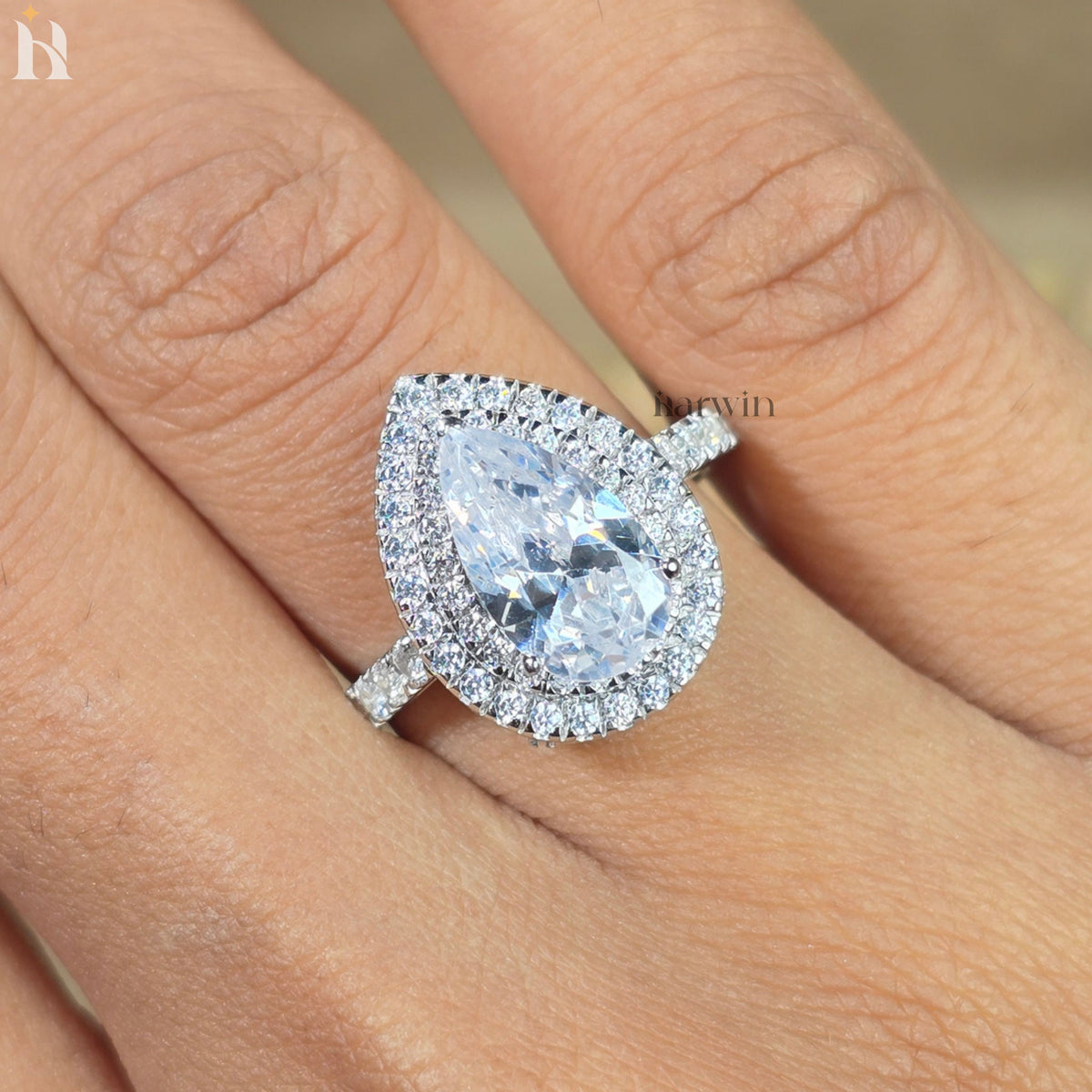 Halo Pear Cut Moissanite Engagement Ring, Eternity Band, Anniversary Gift
