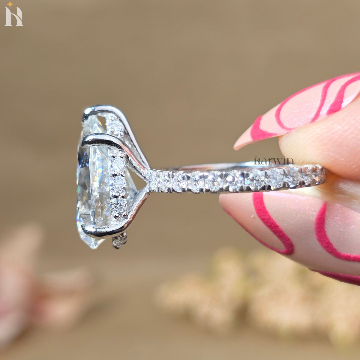 5.50 CT Pear Moissanite Engagement Ring, Pave Diamond Band, Teardrop Classic Prong Set Ring