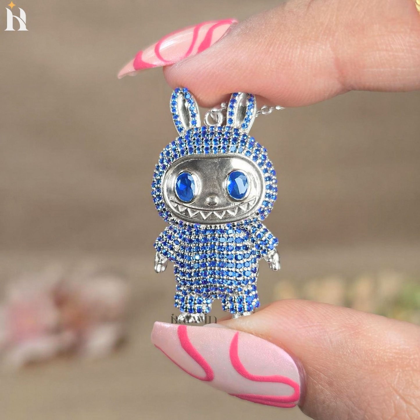 Iced Out Teddy Bear Pendant | Blue CZ Sterling Silver Necklace