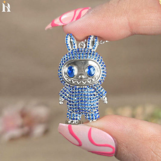 Iced Out Teddy Bear Pendant | Blue CZ Sterling Silver Necklace