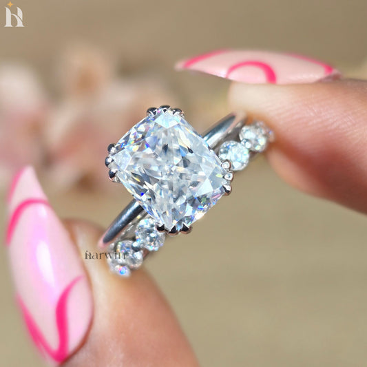 3 CT Cushion Cut Bridal Ring, Triple Claw Prong, Hidden Halo & Round Pave Set Band