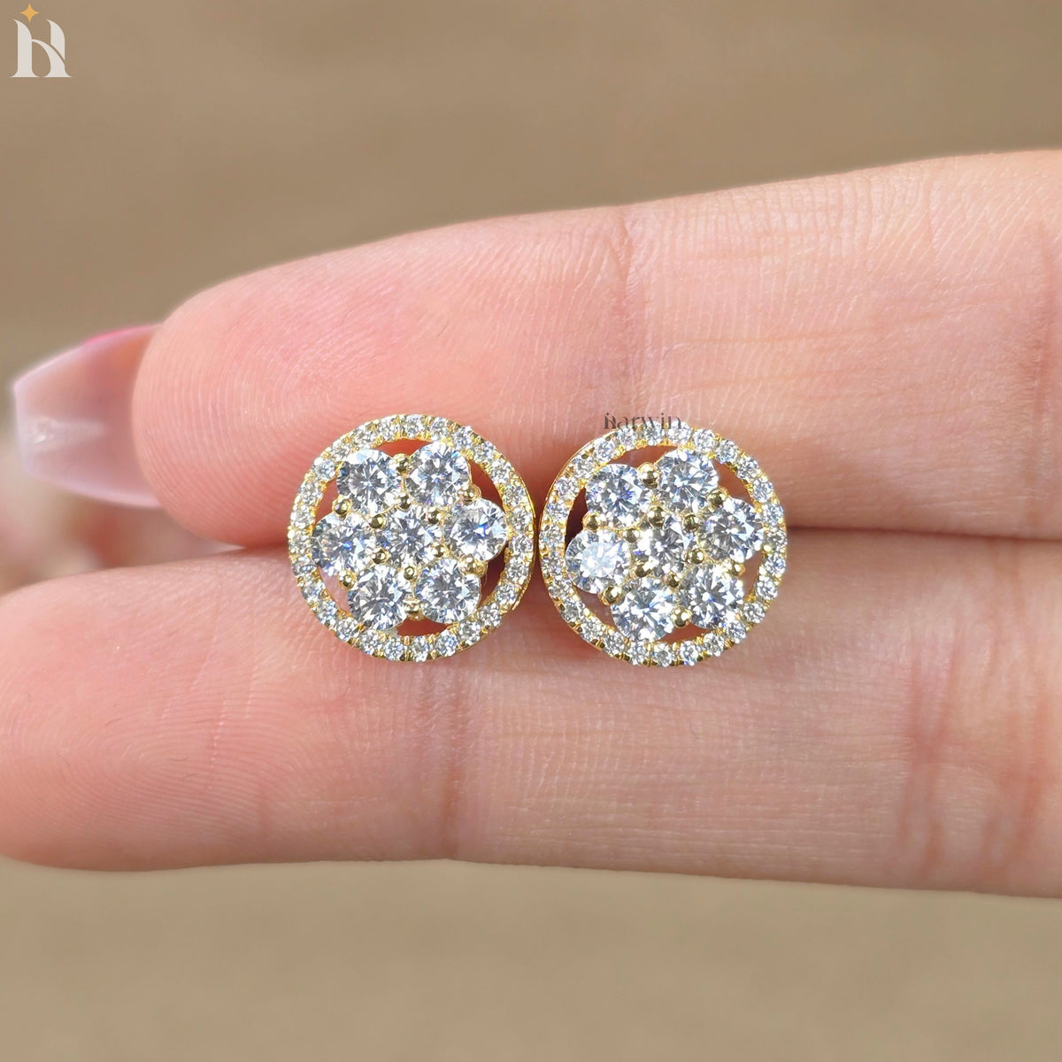 Round Cut Diamond Halo Cluster Moissanite Stud Earrings, D E F Color, Bridal Jewelry, Gift for Her, Elegant Wedding Party Accessories
