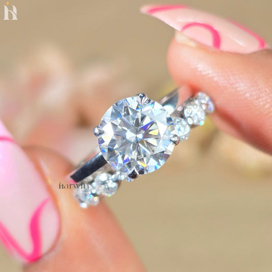 2.5 CT Round Cut Moissanite Hidden Halo Engagement Ring, Eternity Band Set Ring