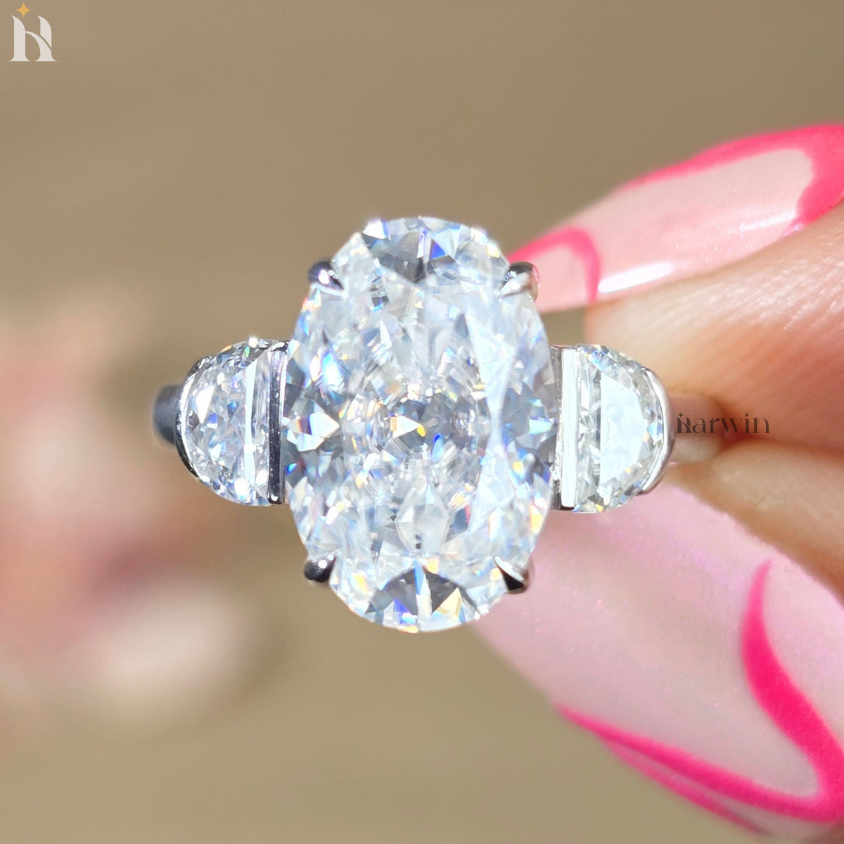 3.5CT Oval Cut Moissanite Ring, Half Moon Shape Side Diamond, Three Stone Gold Ring