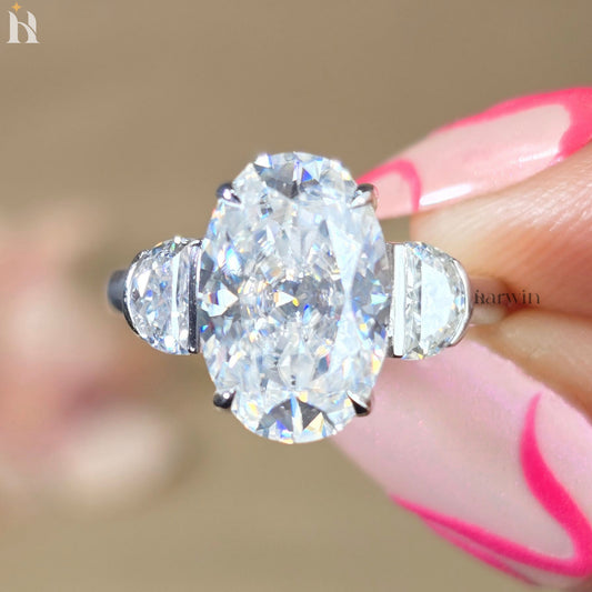3.5CT Oval Cut Moissanite Ring, Half Moon Shape Side Diamond, Three Stone Gold Ring