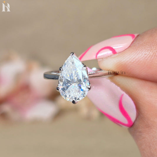 2CT Pear Cut Moissanite Platinum Engagement Ring, Six Prong Tulip Solitaire Platinum Band