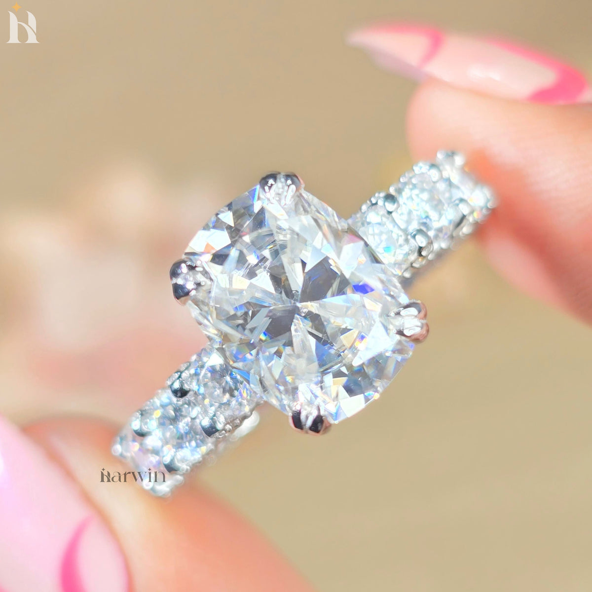 5 CT Cushion Cut Moissanite Ring, Hidden Halo And Double Claw Prong Set Ring