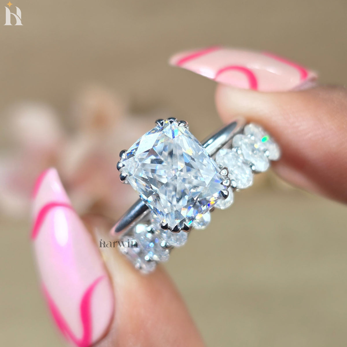 3CT Cushion Cut Bridal Ring, Triple Claw Prong, Hidden Halo & Oval Pave Set Band