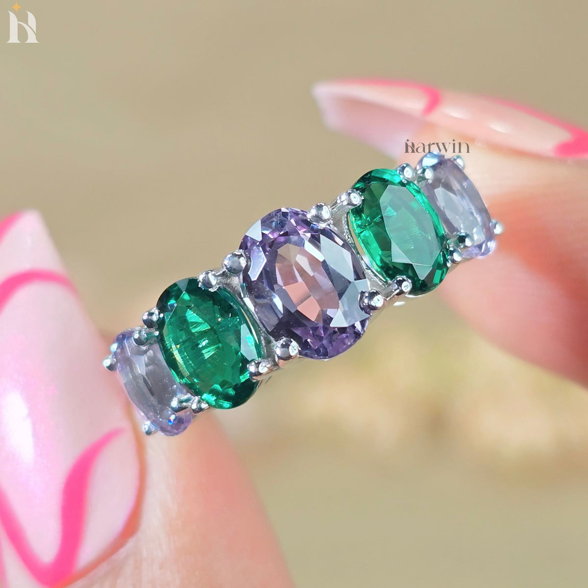 Color Changing Alexandrite & Emerald Five Stone Ring, Art Deco Wedding Band,935 Argentium Silver Anniversary Ring