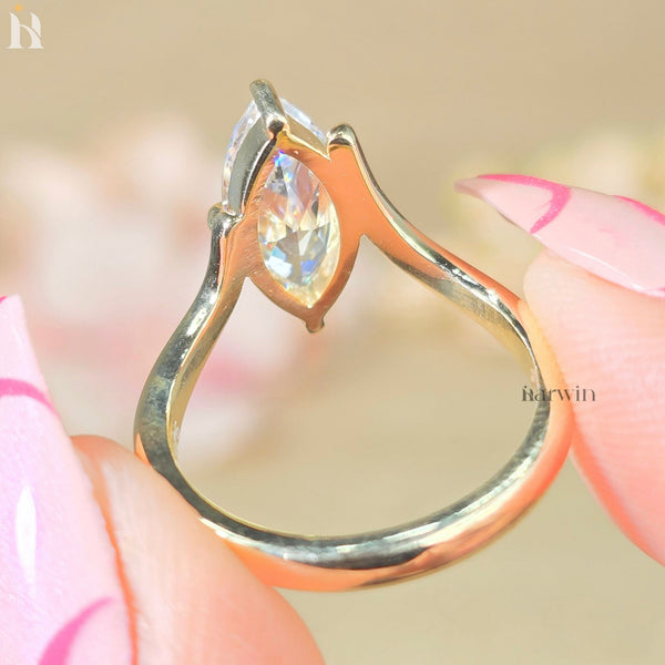 2 CT Marquise Cut Moissanite Promise Ring, V-shape Band, Chevron Style Gold Ring