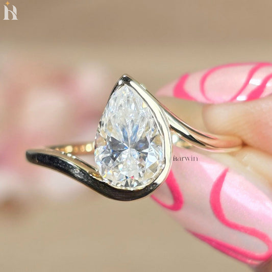 Pear Cut Moissanite Engagement Ring, Bezel Set Bypass Shank, Gold Solitaire Ring for Anniversary or Gift