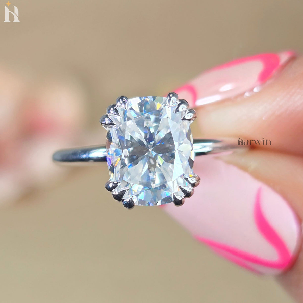 3 CT Cushion Cut Moissanite Engagement Ring, Triple Claw Prong & Hidden Halo Elongated Ring